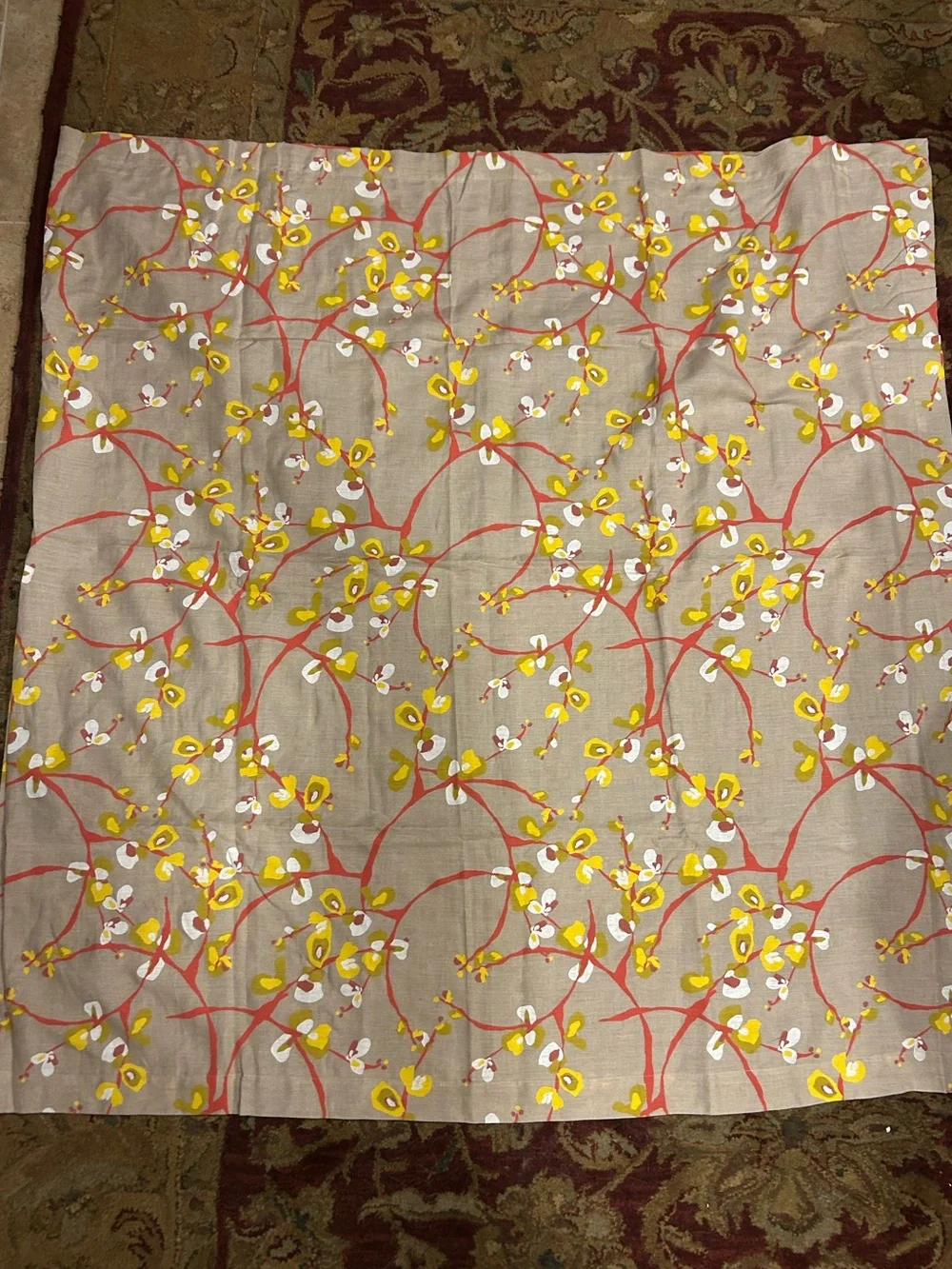 Crate&Barrel Tan Yellow Red White Floral Patterned Table Cloth 60x120 Inches